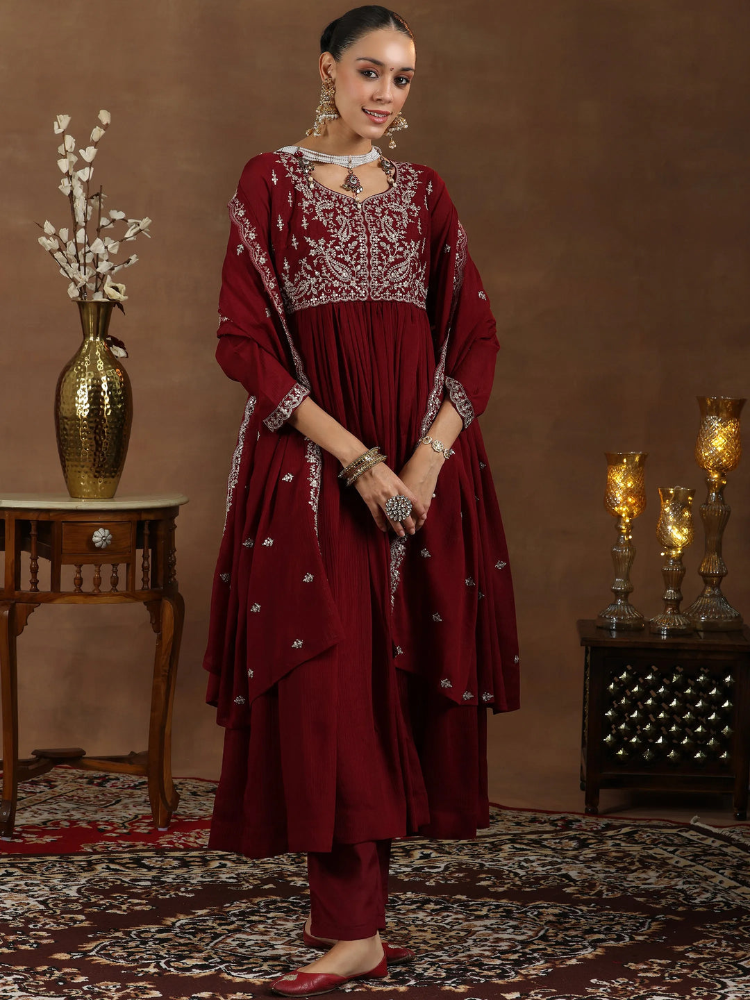  Maroon Yoke Design Silk Blend A-Line Kurta With Trousers & Dupatta 