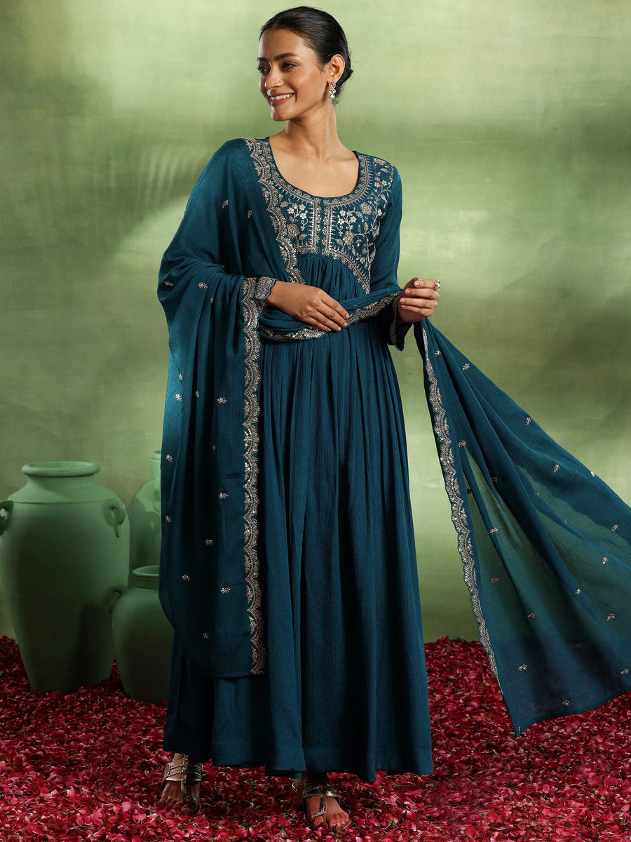 Teal Blue Printed Georgette A-Line Kurta With Trousers & Dupatta