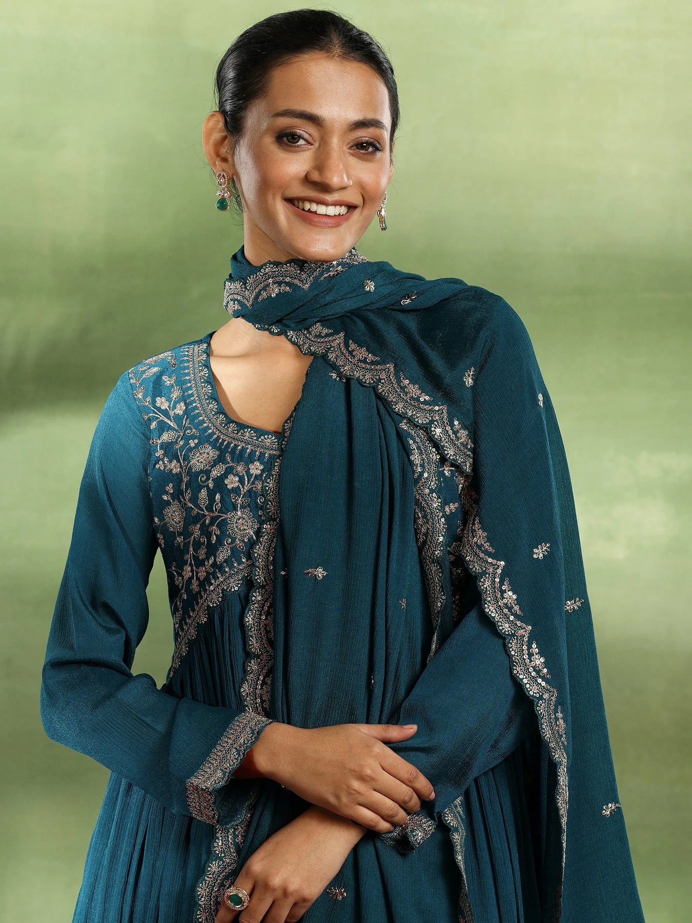 Inddus Teal Blue & Golden Yoke Design Kurta with Trousers