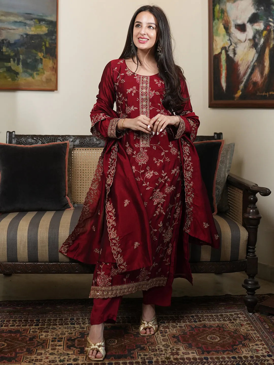 Maroon Embroidered Silk Blend Straight Suit With Dupatta-image-41