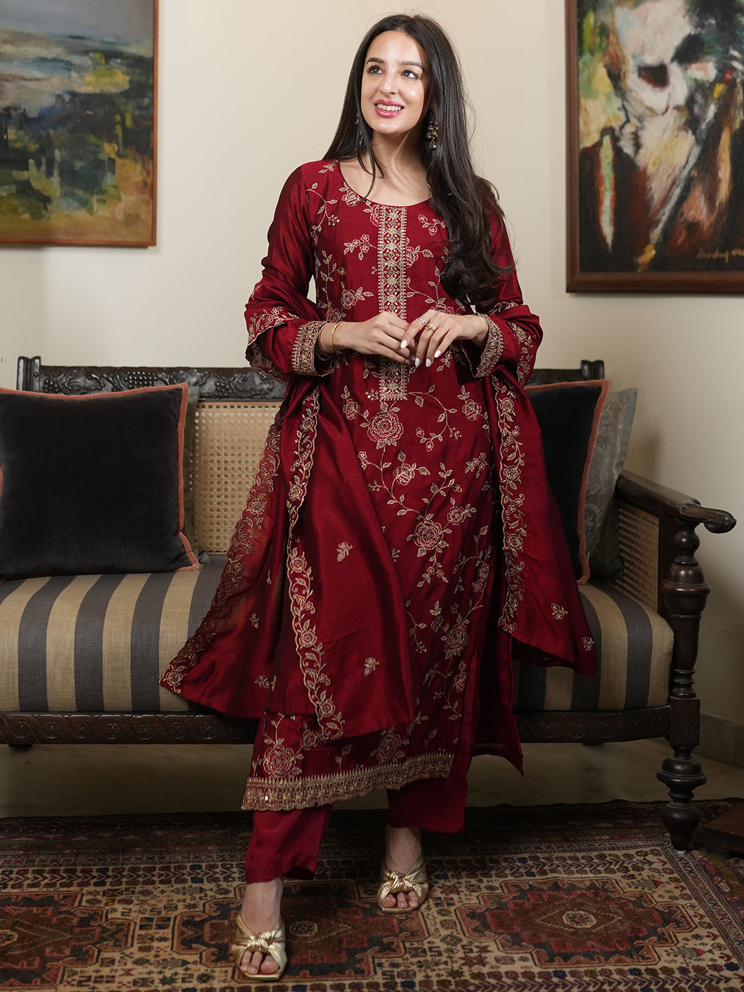 libas Maroon Embroidered Silk Blend Straight Suit With Dupatta-picture-15