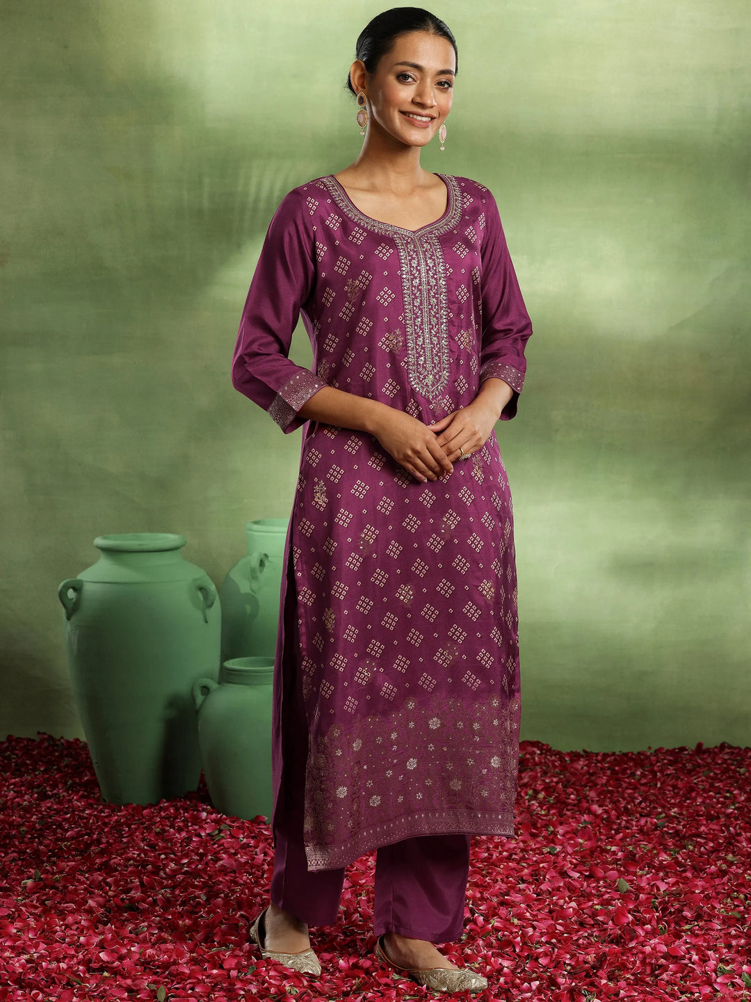  Magenta Printed Silk Blend Straight Suit With Dupatta 