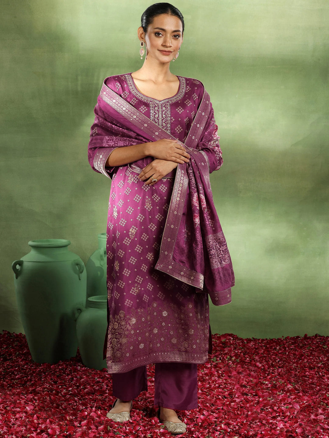  Magenta Printed Silk Blend Straight Suit With Dupatta 