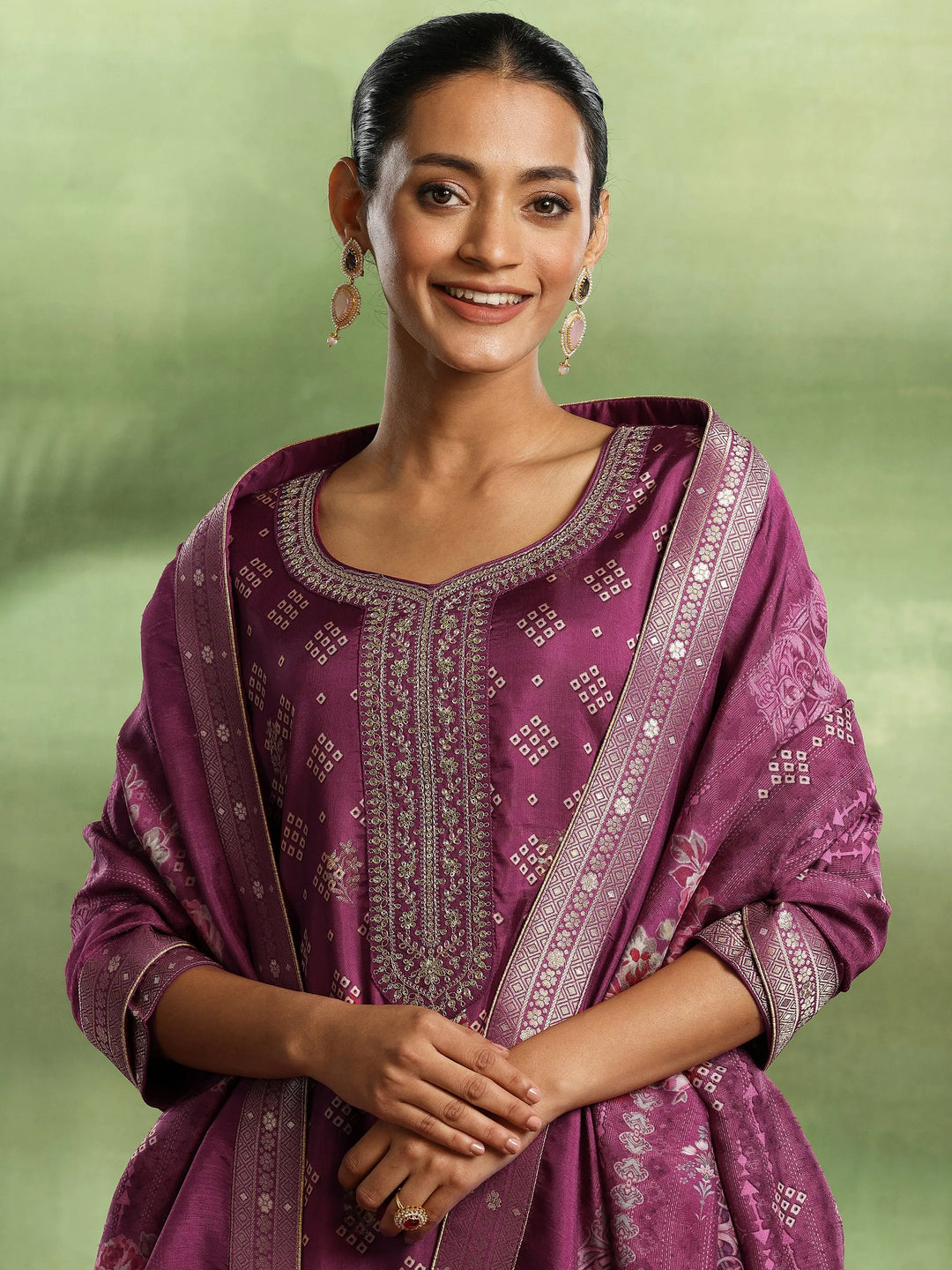  Magenta Printed Silk Blend Straight Suit With Dupatta 