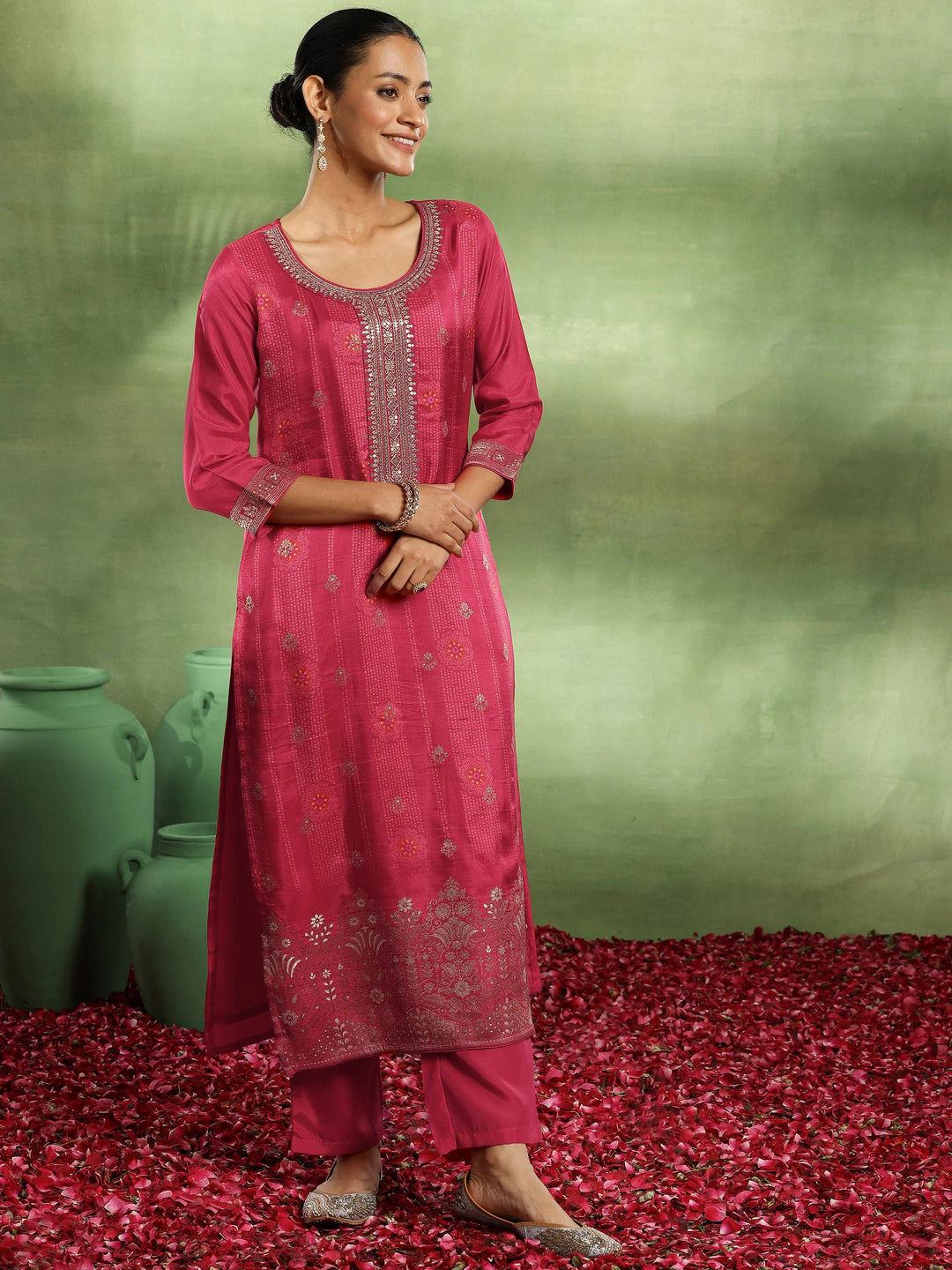  Pink Woven Design Silk Blend Straight Suit With Dupatta 