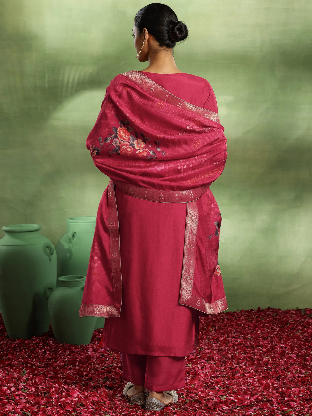  Pink Woven Design Silk Blend Straight Suit With Dupatta 