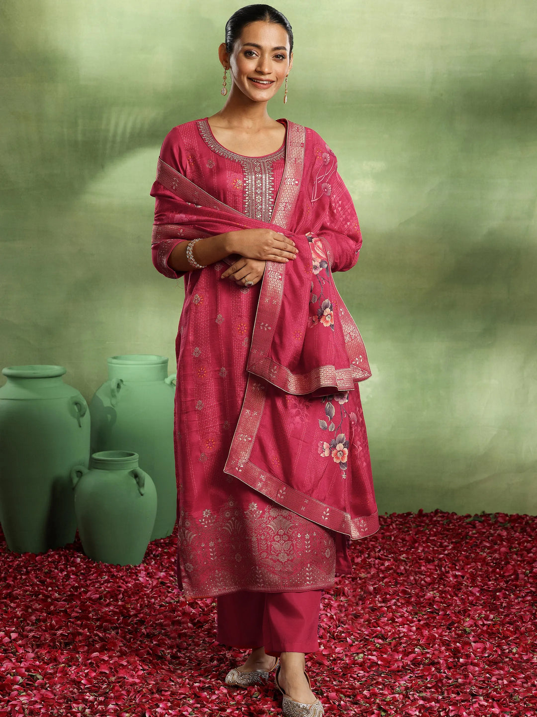  Pink Woven Design Silk Blend Straight Suit With Dupatta 