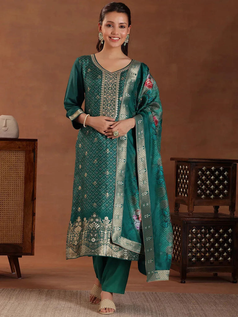 Libas Green Printed Silk Blend Straight Suit With Dupatta