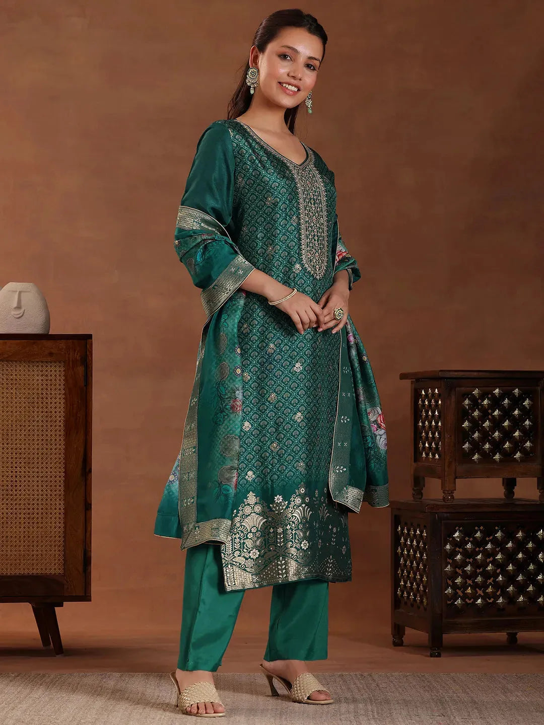  Green Printed Silk Blend Straight Suit With Dupatta 