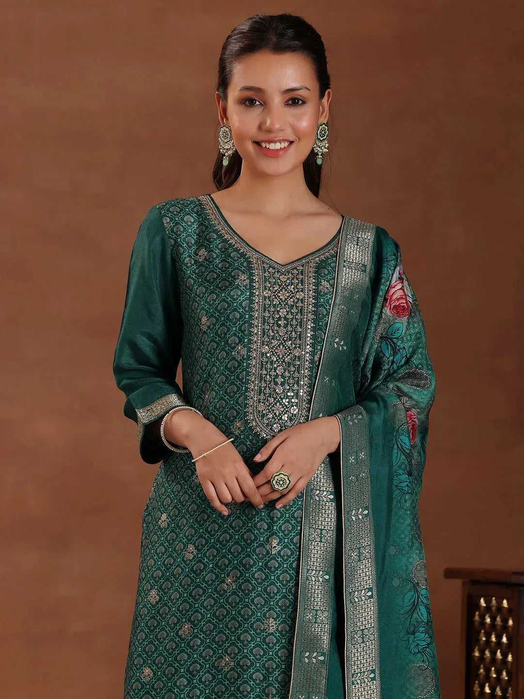  Green Printed Silk Blend Straight Suit With Dupatta 
