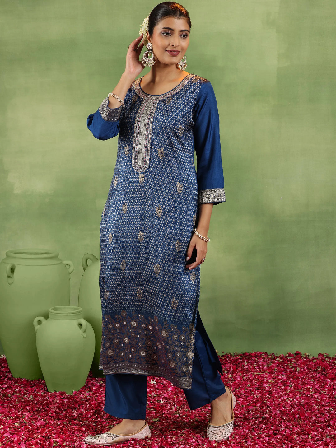  Blue Printed Silk Blend Straight Suit With Dupatta 