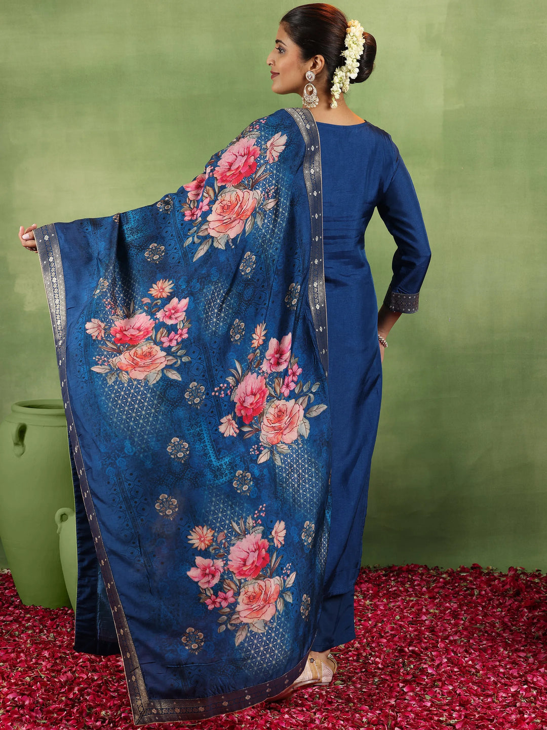  Blue Printed Silk Blend Straight Suit With Dupatta 