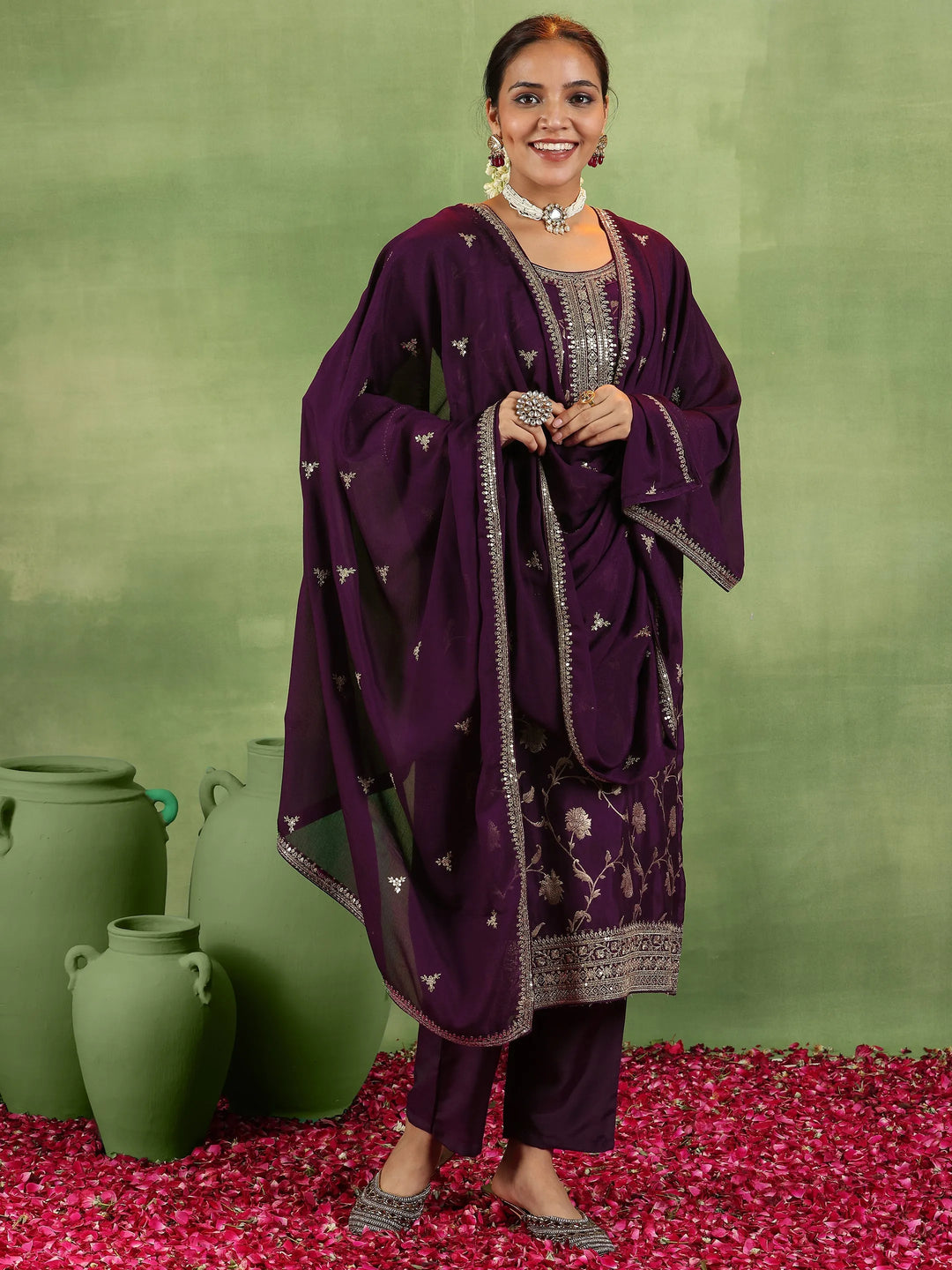  Wine Woven Design Silk Blend Straight Suit With Dupatta 