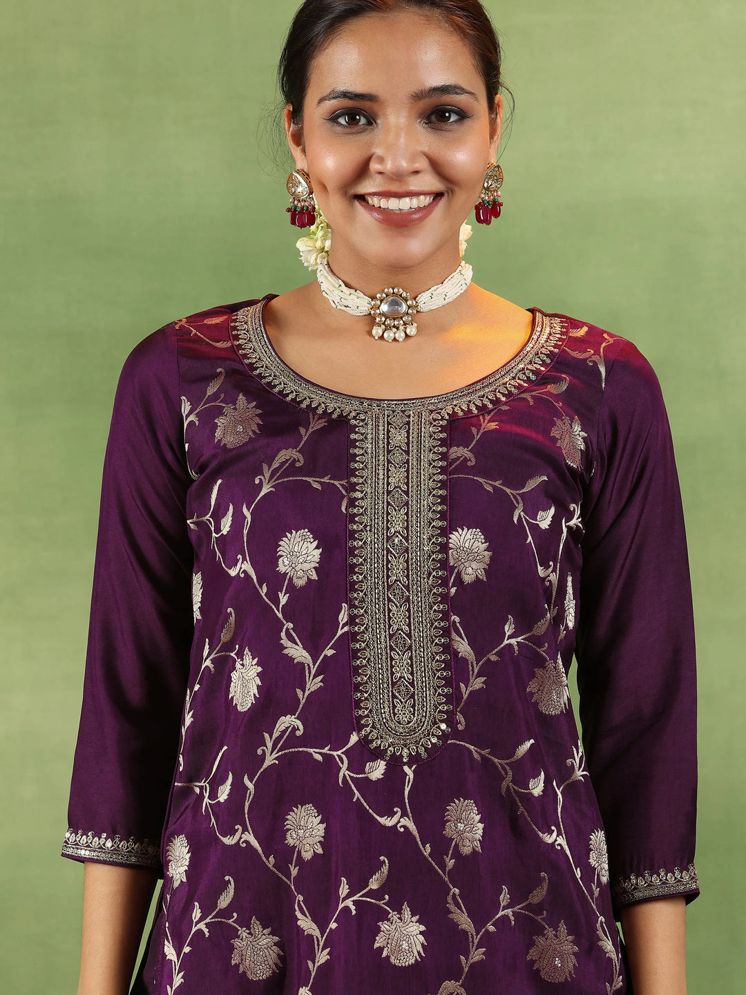  Wine Woven Design Silk Blend Straight Suit With Dupatta 