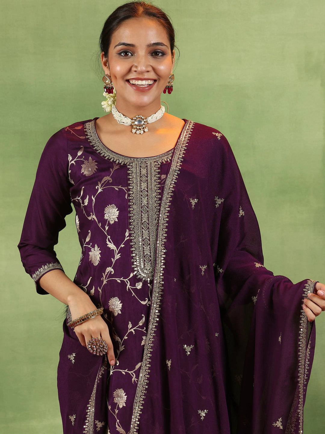  Wine Woven Design Silk Blend Straight Suit With Dupatta 