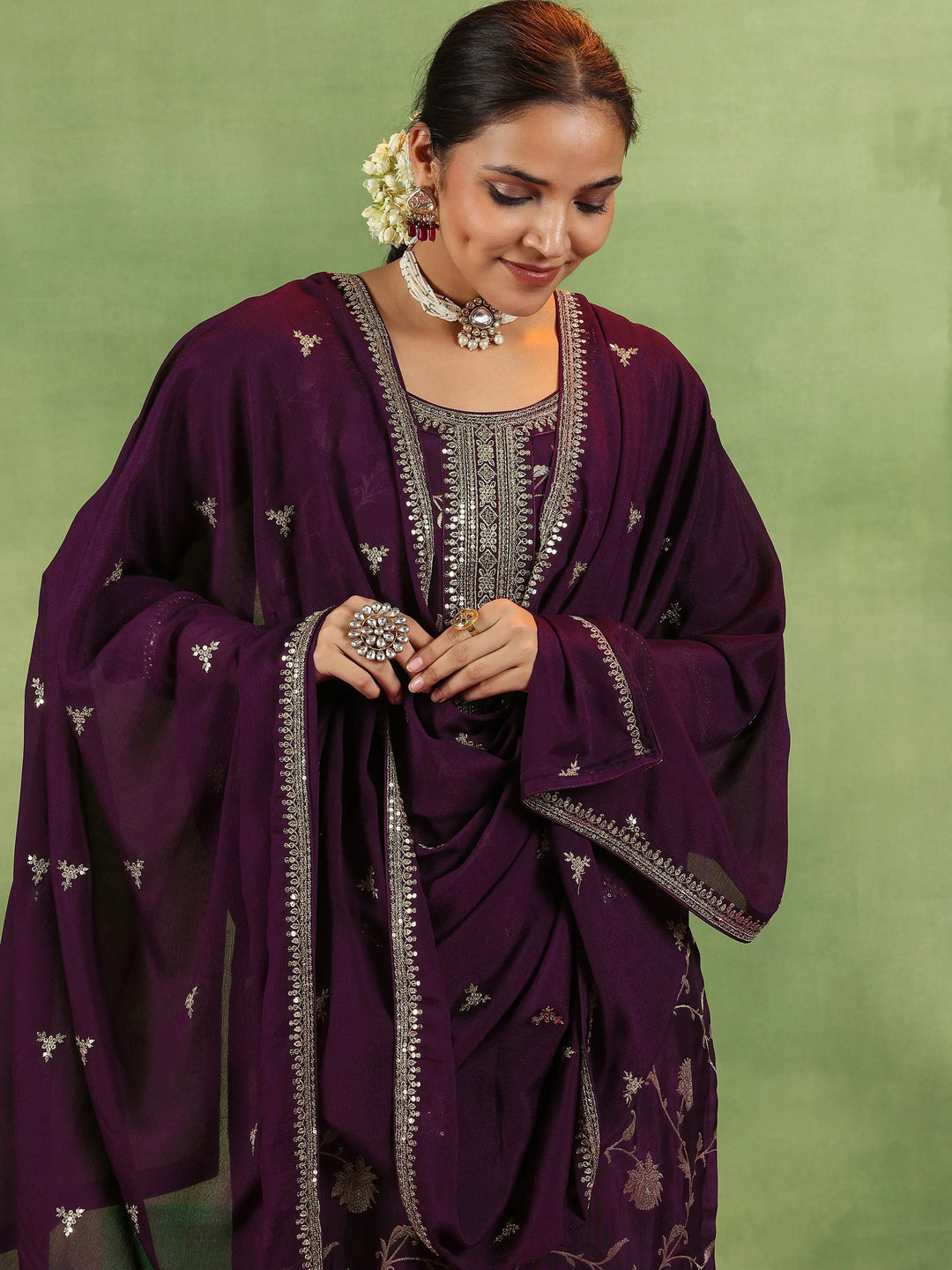  Wine Woven Design Silk Blend Straight Suit With Dupatta 