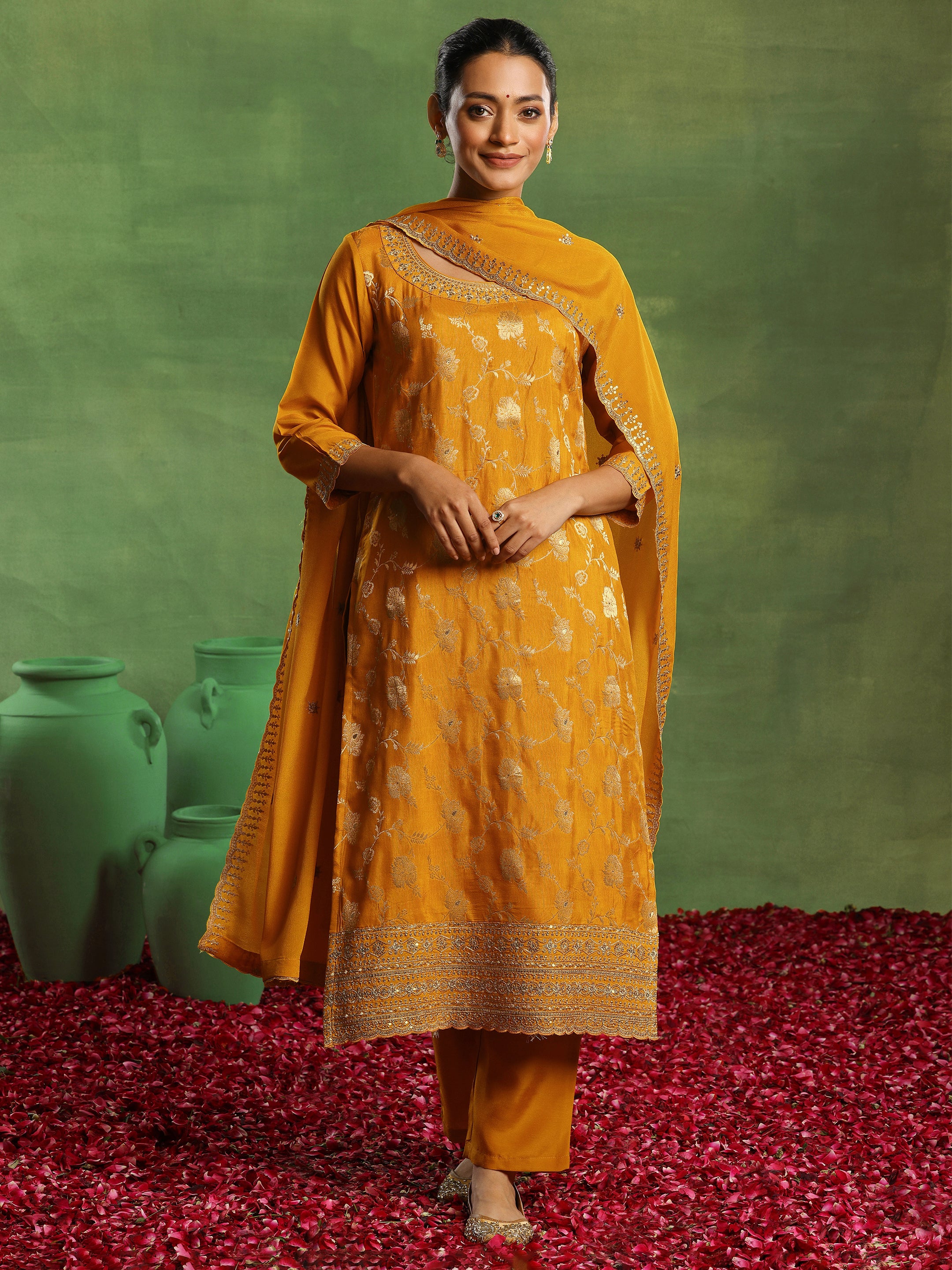 Mustard Woven Design Silk Blend Straight Suit With Dupatta-image-15