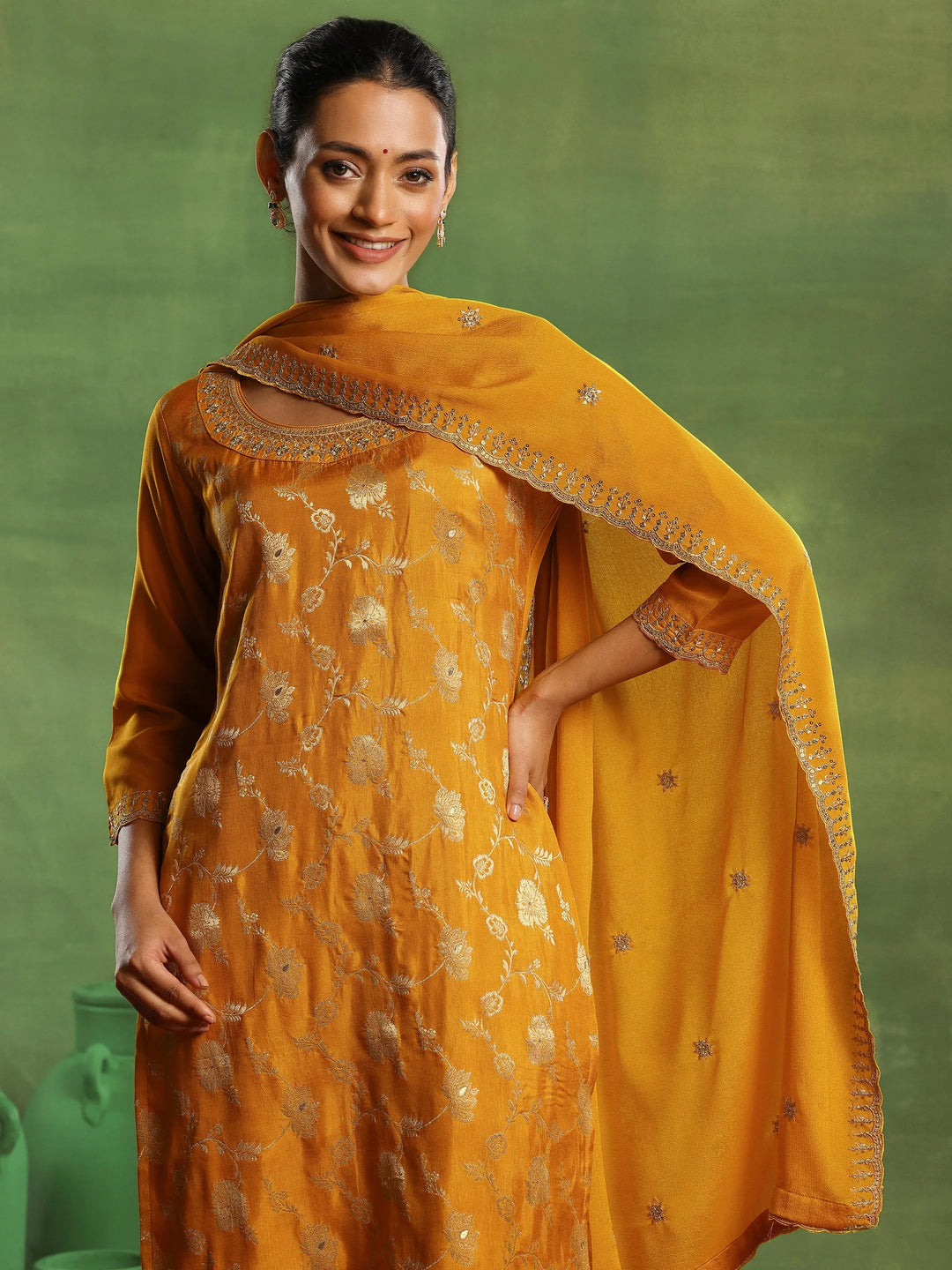  Mustard Woven Design Silk Blend Straight Suit With Dupatta 
