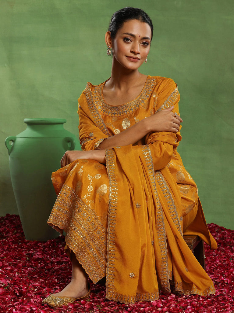 Libas Mustard Woven Design Silk Blend Straight Suit With Dupatta