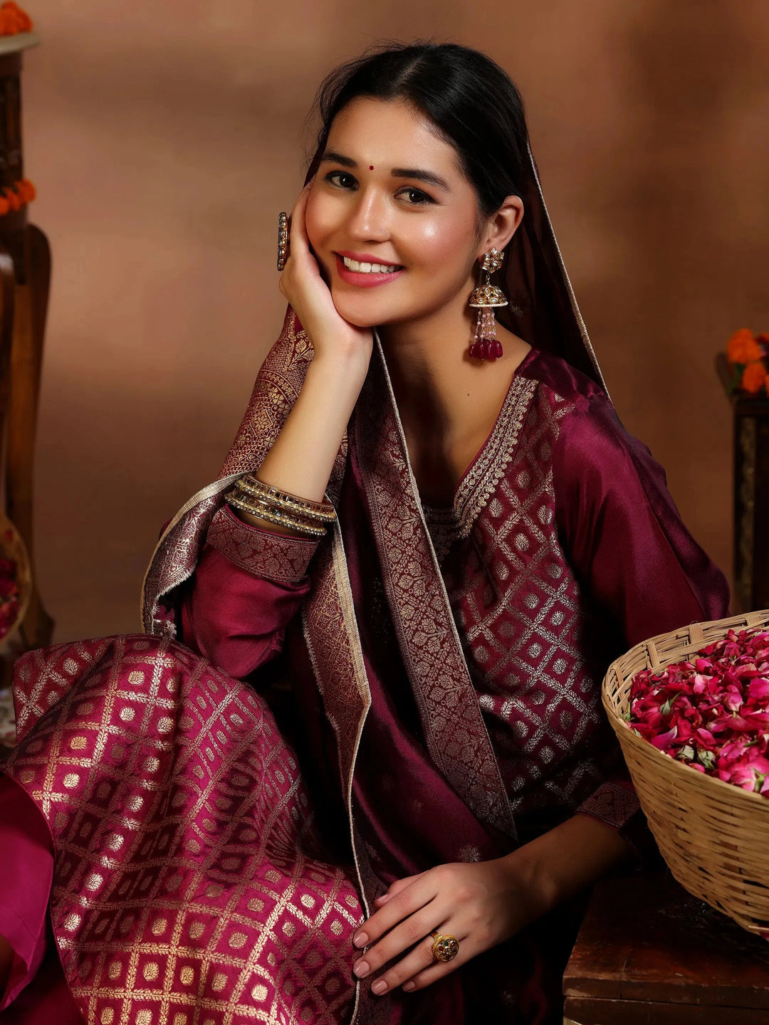  Magenta Woven Design Silk Blend Straight Suit With Dupatta 