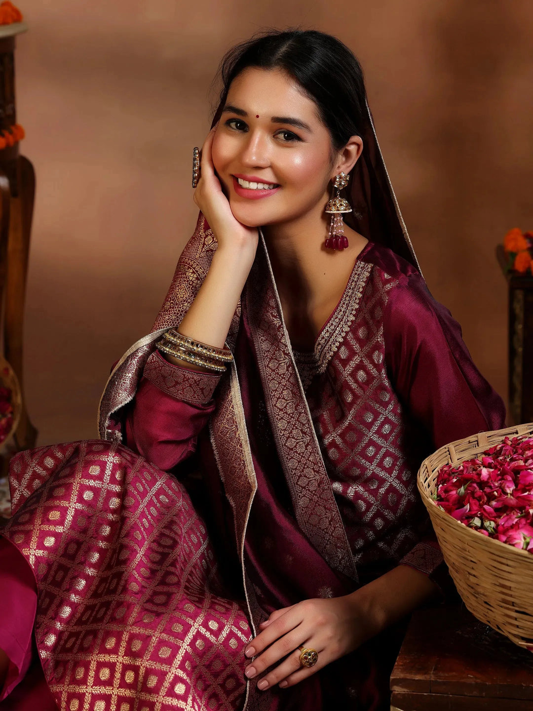  Magenta Woven Design Silk Blend Straight Suit With Dupatta 
