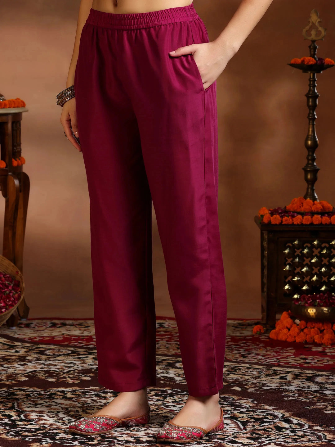  Magenta Woven Design Silk Blend Straight Suit With Dupatta 