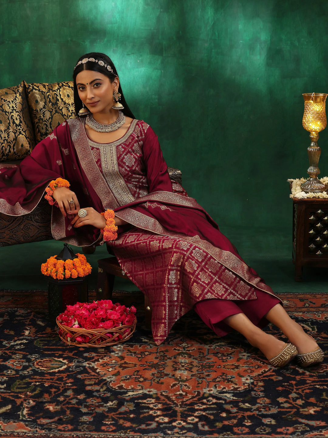  Maroon Woven Design Silk Blend Straight Suit With Dupatta 
