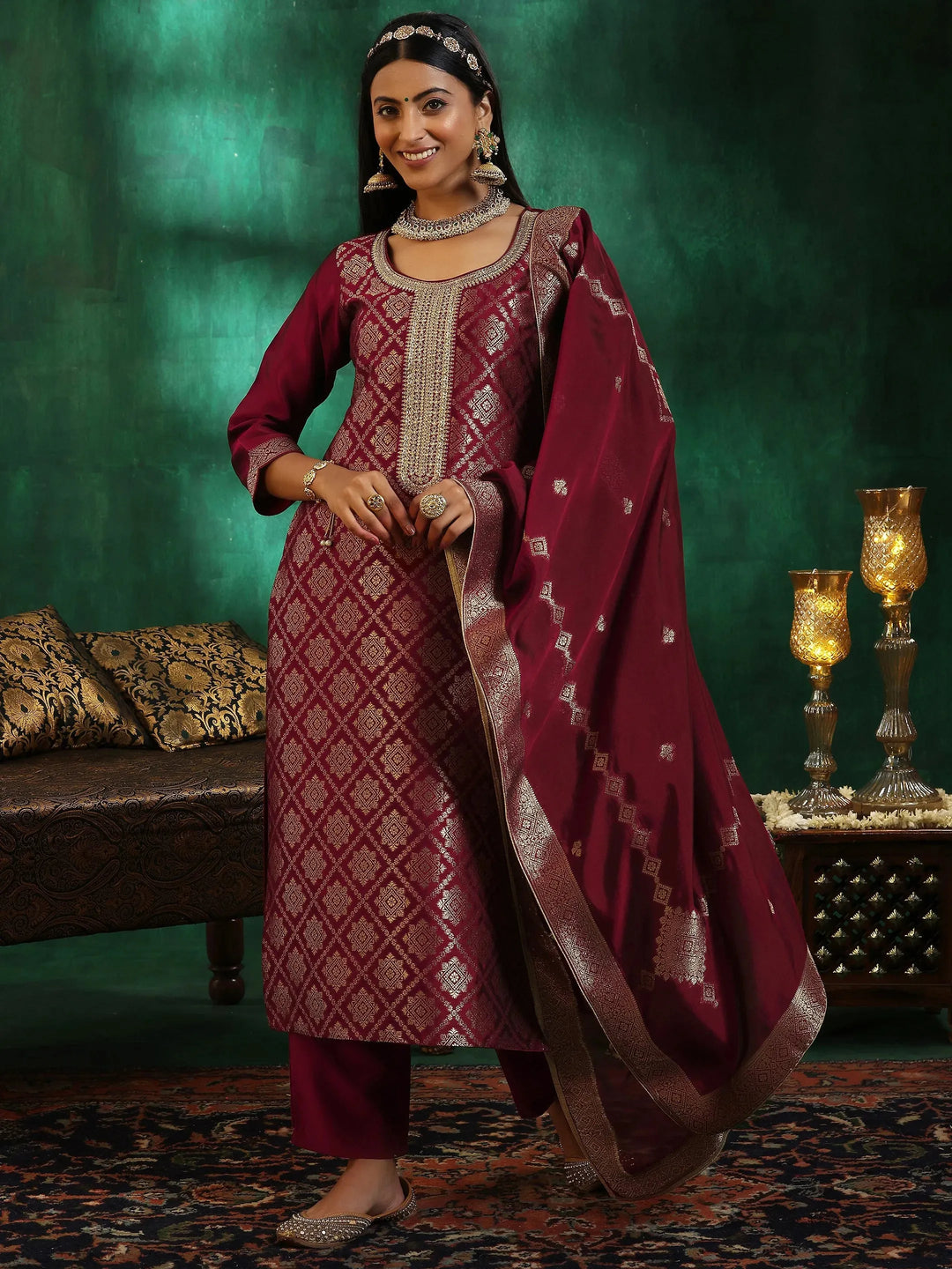  Maroon Woven Design Silk Blend Straight Suit With Dupatta 