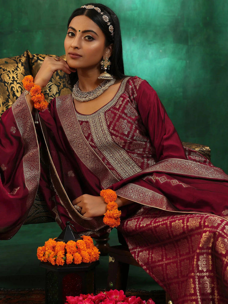 Libas Maroon Woven Design Silk Blend Straight Suit With Dupatta