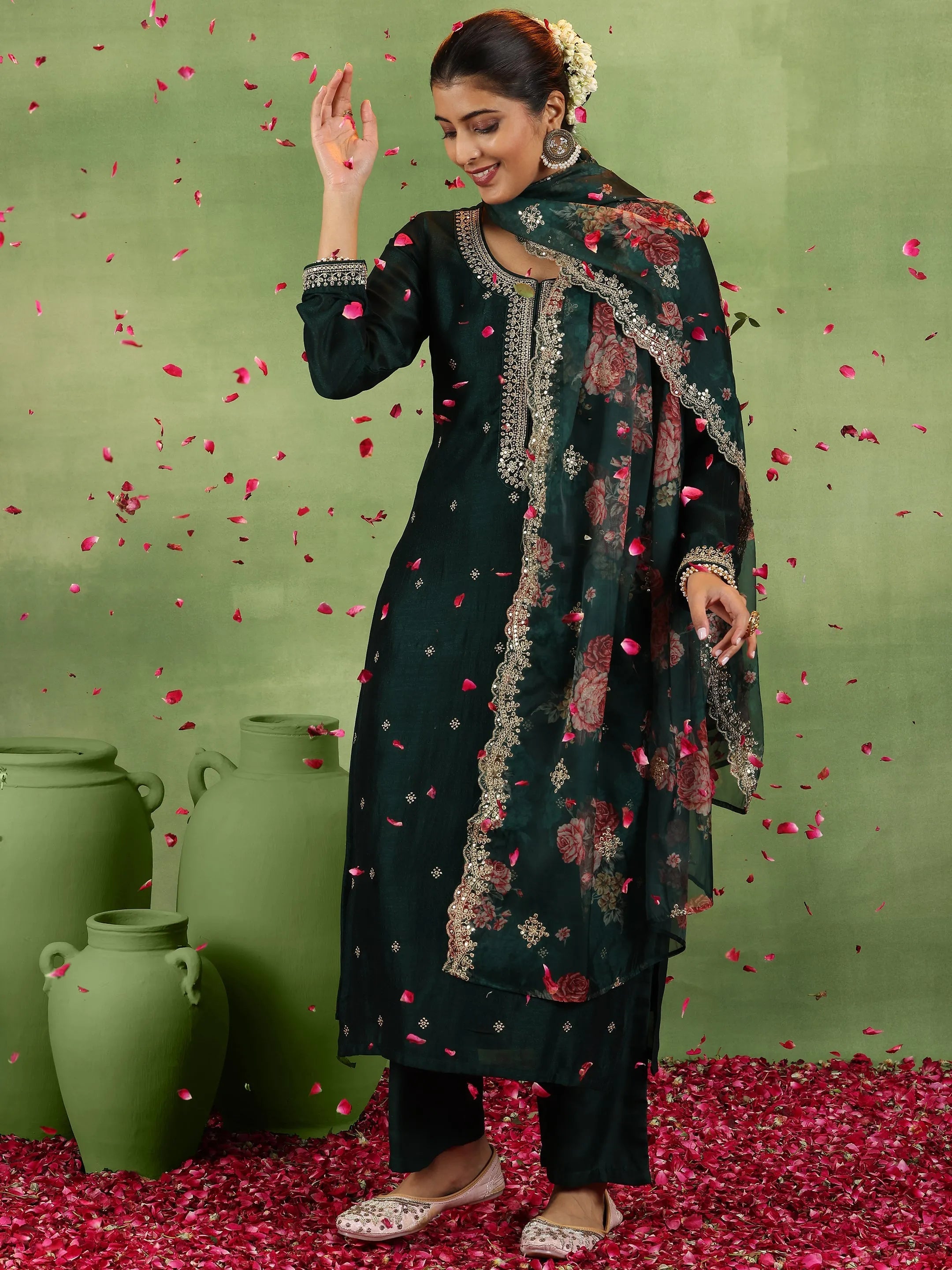 libas Green Embroidered Silk Blend Straight Suit With Dupatta-picture-51