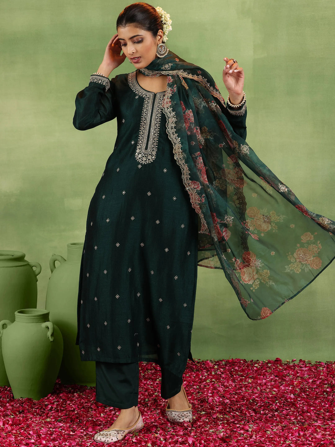  Green Embroidered Silk Blend Straight Suit With Dupatta 