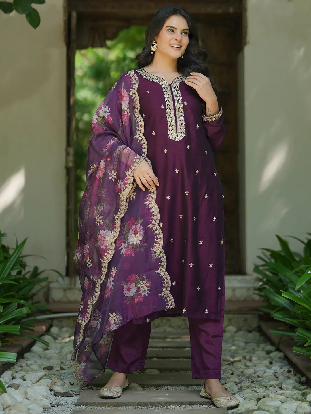 Women Wine Parampara Silk Un Stitched Suit Ethnic Collections main image 1
