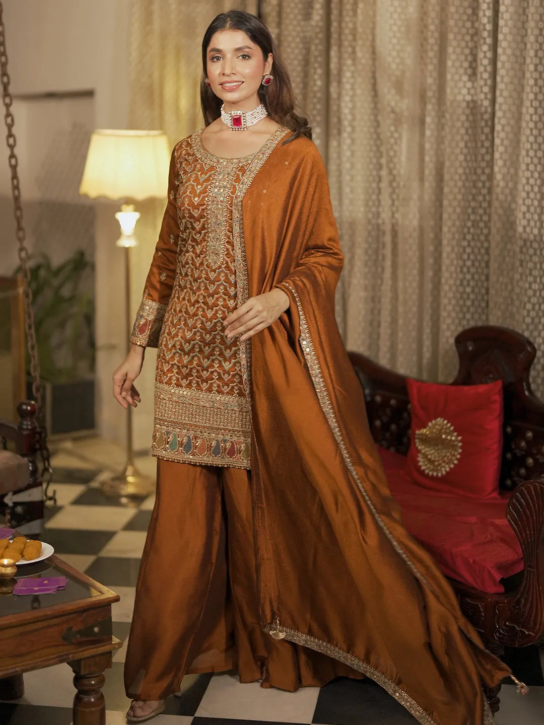 libas Adaa Rust Embroidered Silk Blend Straight Kurta With Palazzos & Dupatta-picture-45