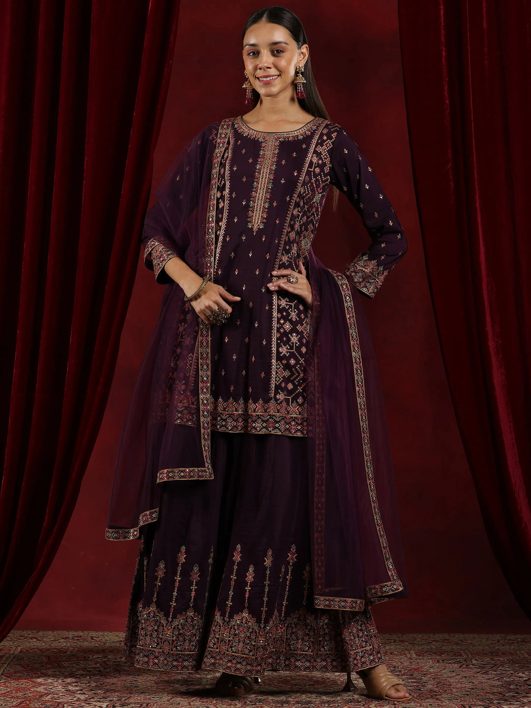  Libas Art Wine Embroidered Silk Blend Straight Suit With Dupatta 
