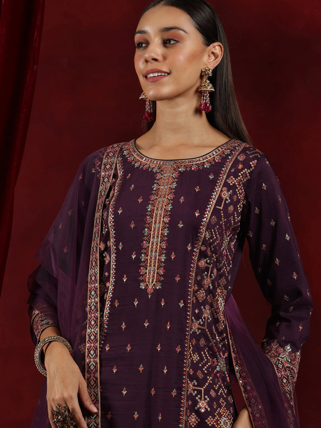  Libas Art Wine Embroidered Silk Blend Straight Suit With Dupatta 