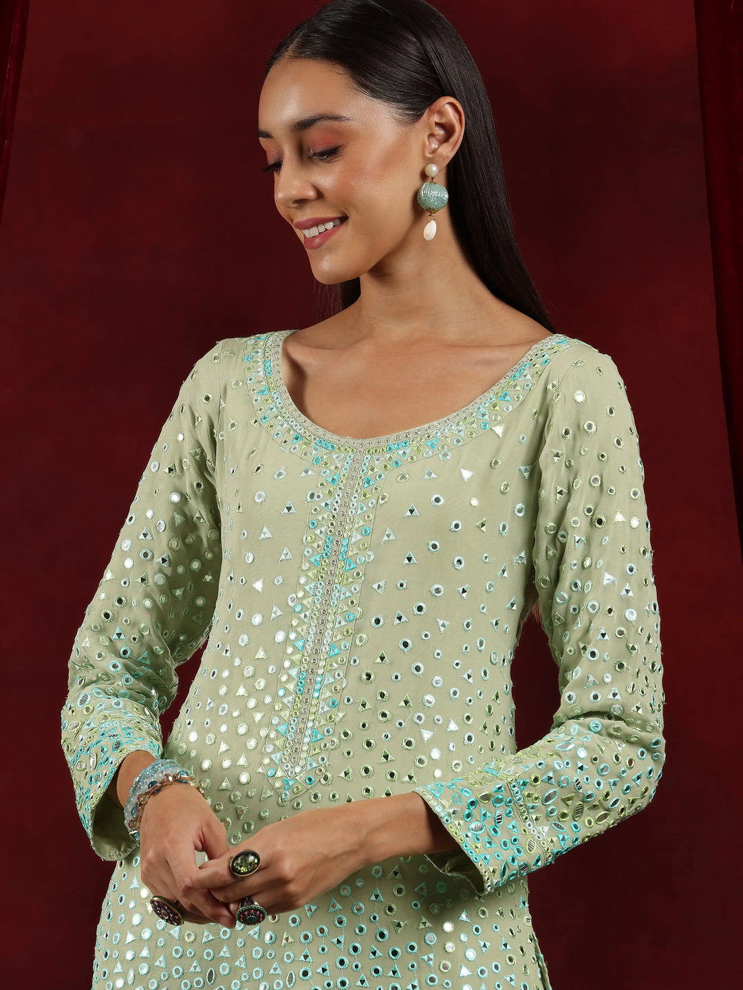  Libas Art Green Embroidered Georgette Straight Suit With Dupatta 