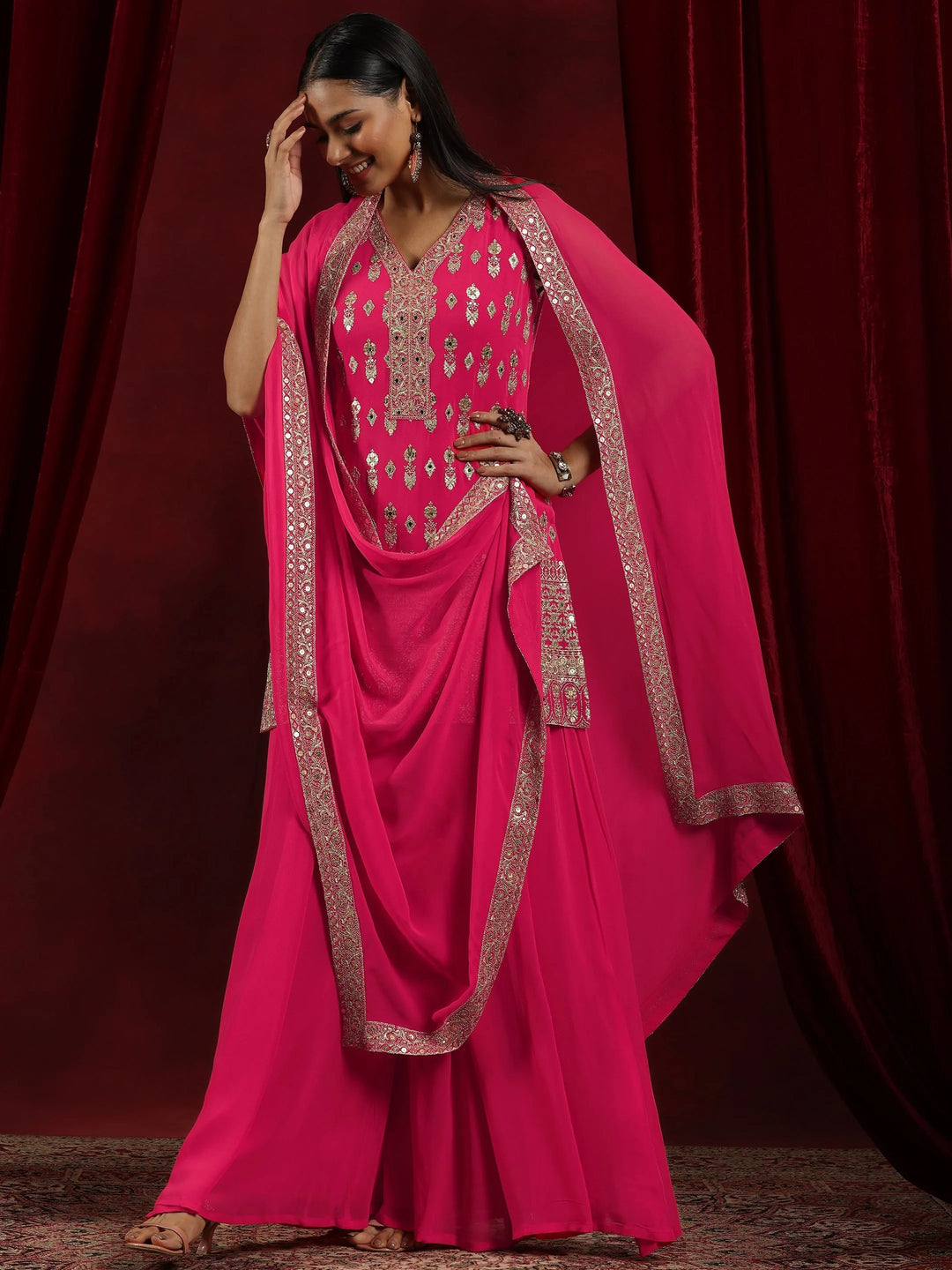  Libas Art Coral Embroidered Georgette Straight Suit With Dupatta 