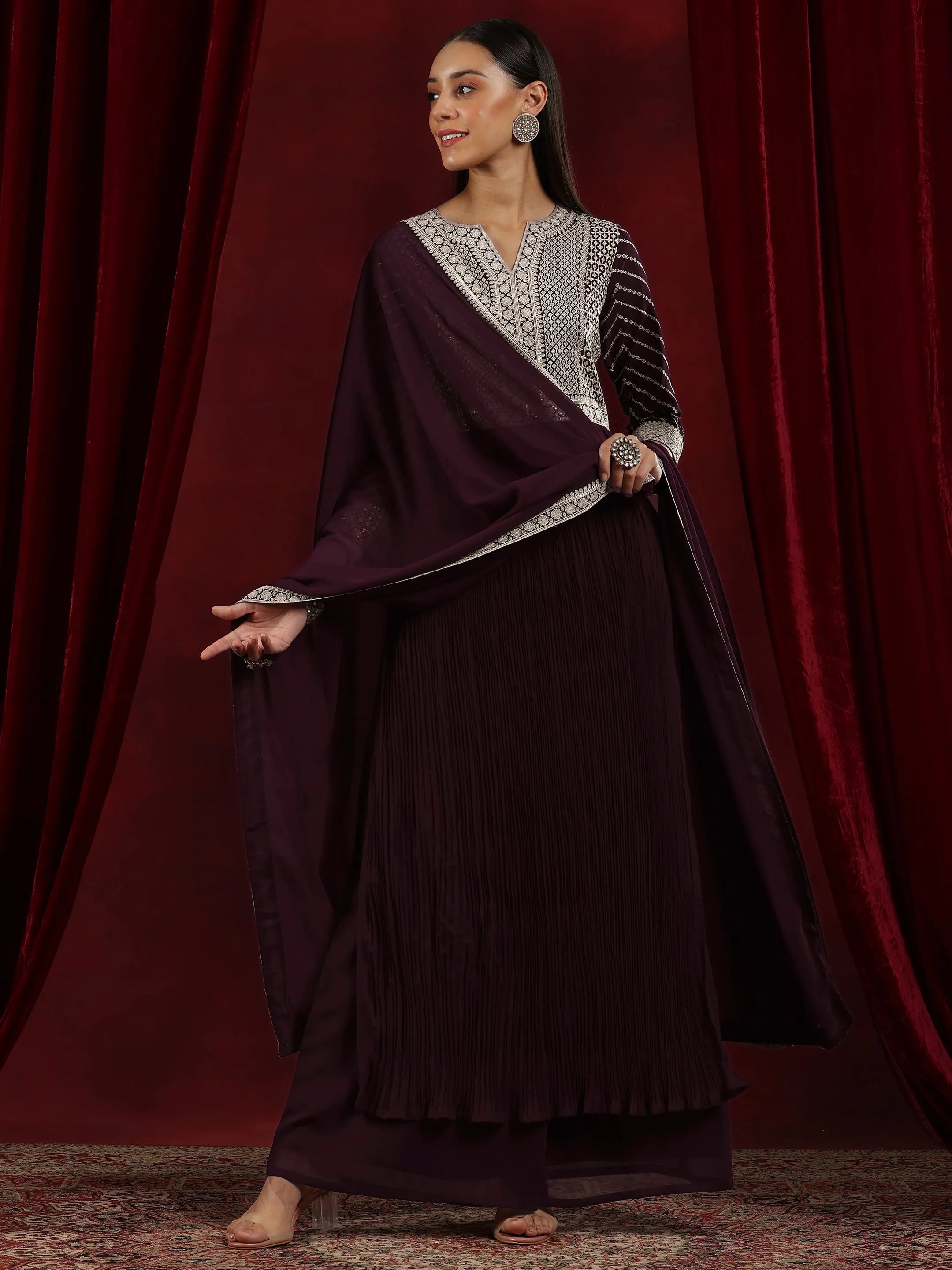 Libas Art Wine Embroidered Georgette A-Line Kurta With Palazzos & Dupatta-picture-20