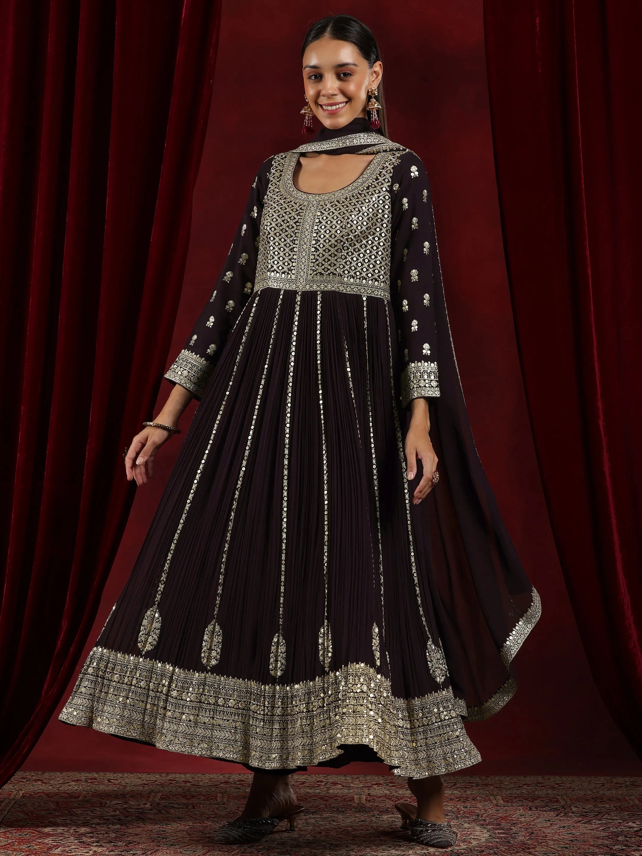 Libas Art Wine Embroidered Georgette A-Line Kurta With Trousers & Dupatta-picture-41