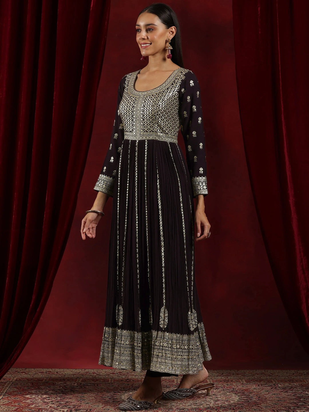  Libas Art Wine Embroidered Georgette A-Line Kurta With Trousers & Dupatta 