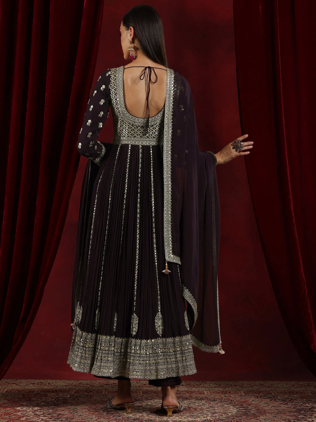  Libas Art Wine Embroidered Georgette A-Line Kurta With Trousers & Dupatta 