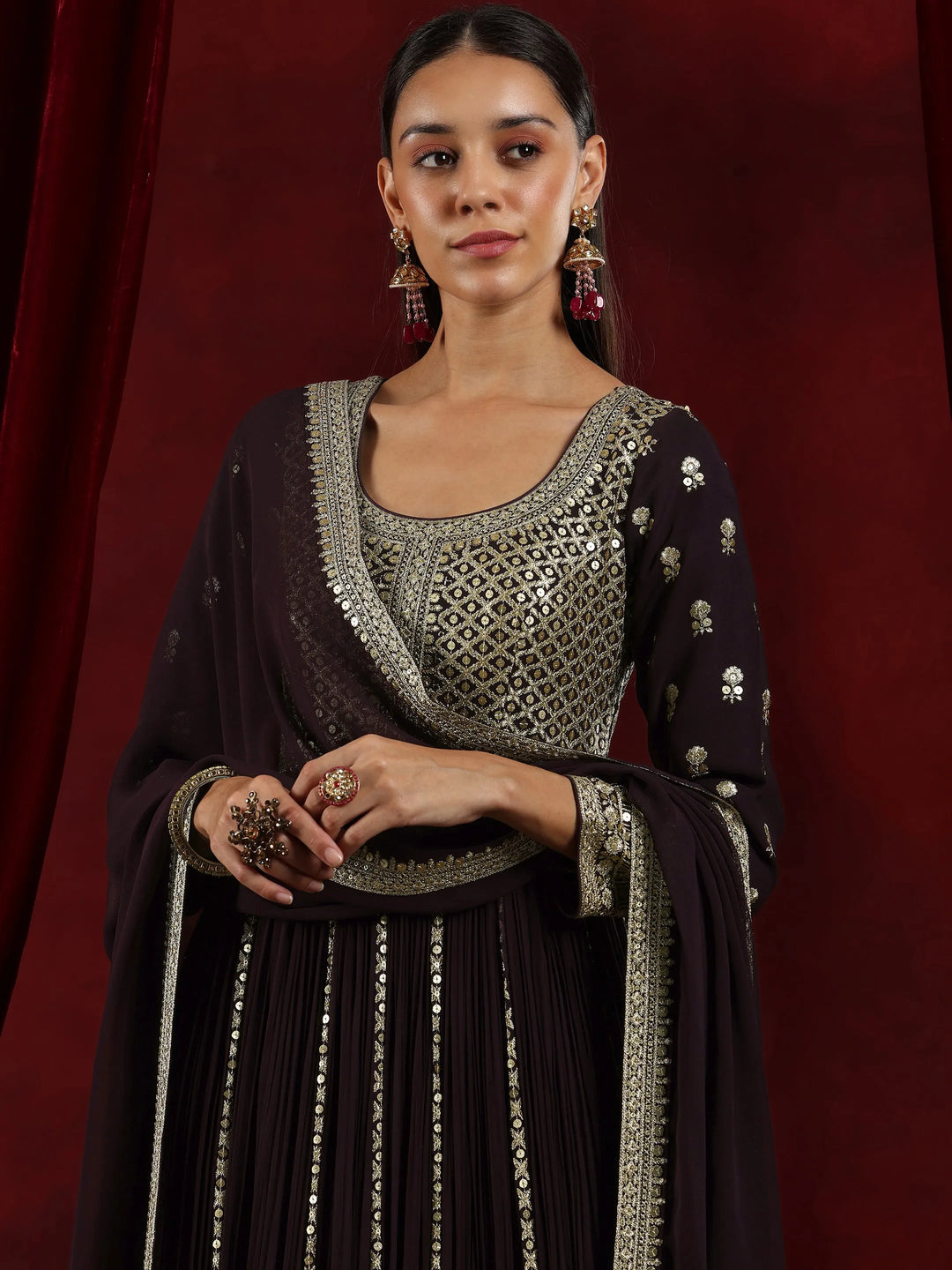  Libas Art Wine Embroidered Georgette A-Line Kurta With Trousers & Dupatta 