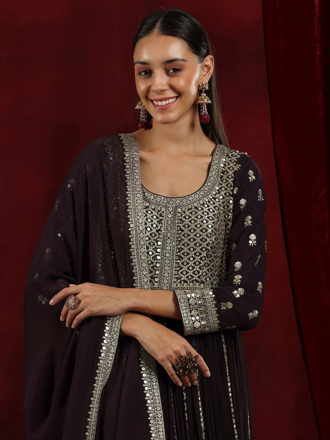  Libas Art Wine Embroidered Georgette A-Line Kurta With Trousers & Dupatta 