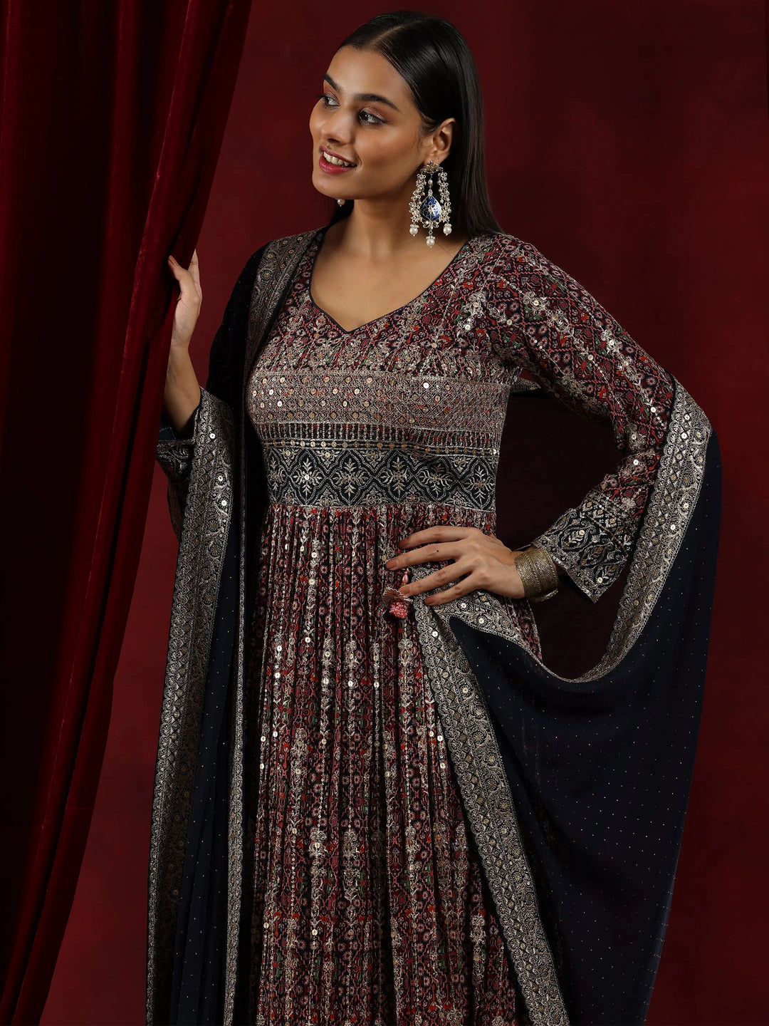  Libas Art Blue Printed Georgette A-Line Kurta With Trousers & Dupatta 
