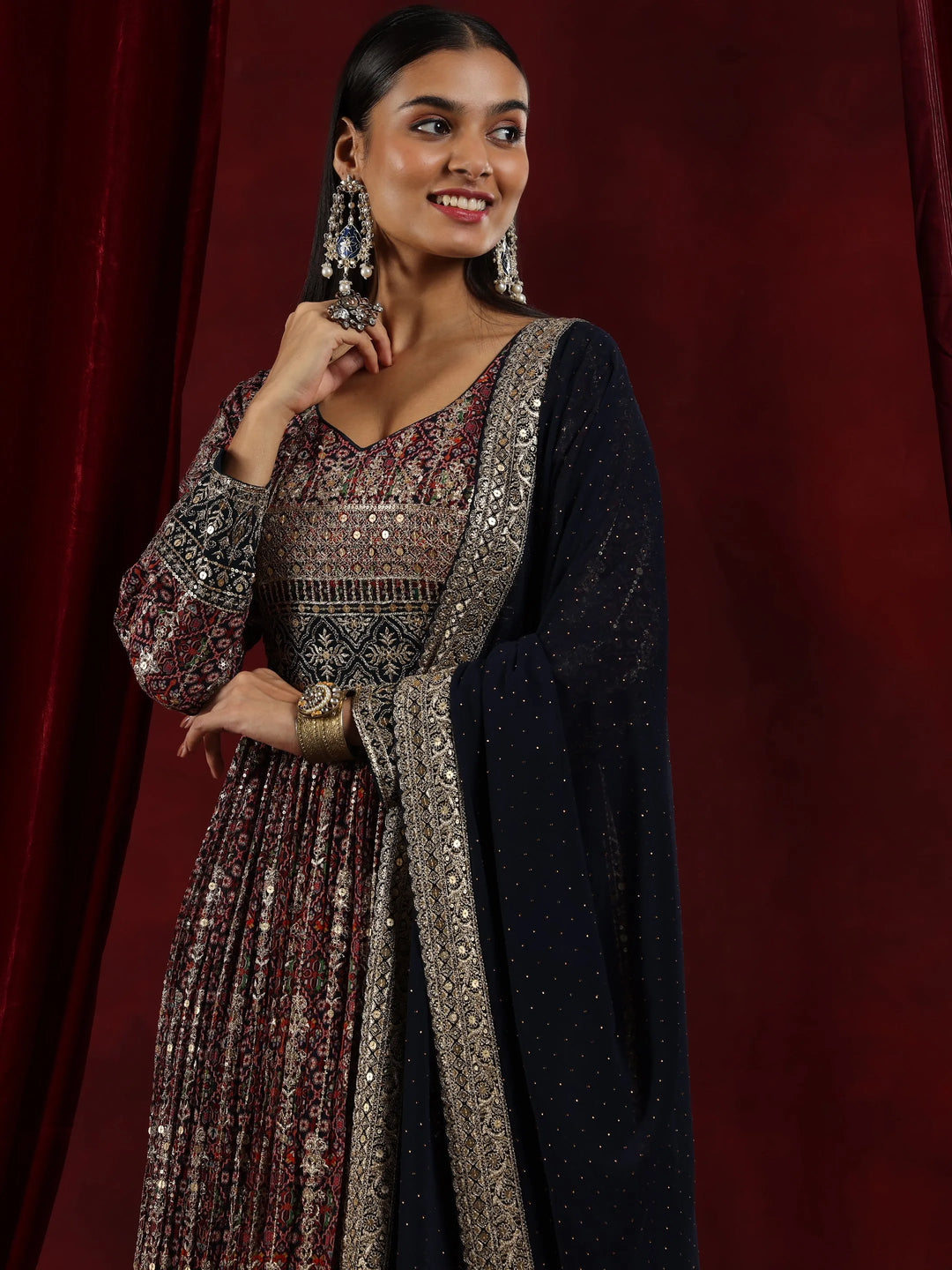 Libas Art Blue Printed Georgette A-Line Kurta With Trousers & Dupatta 