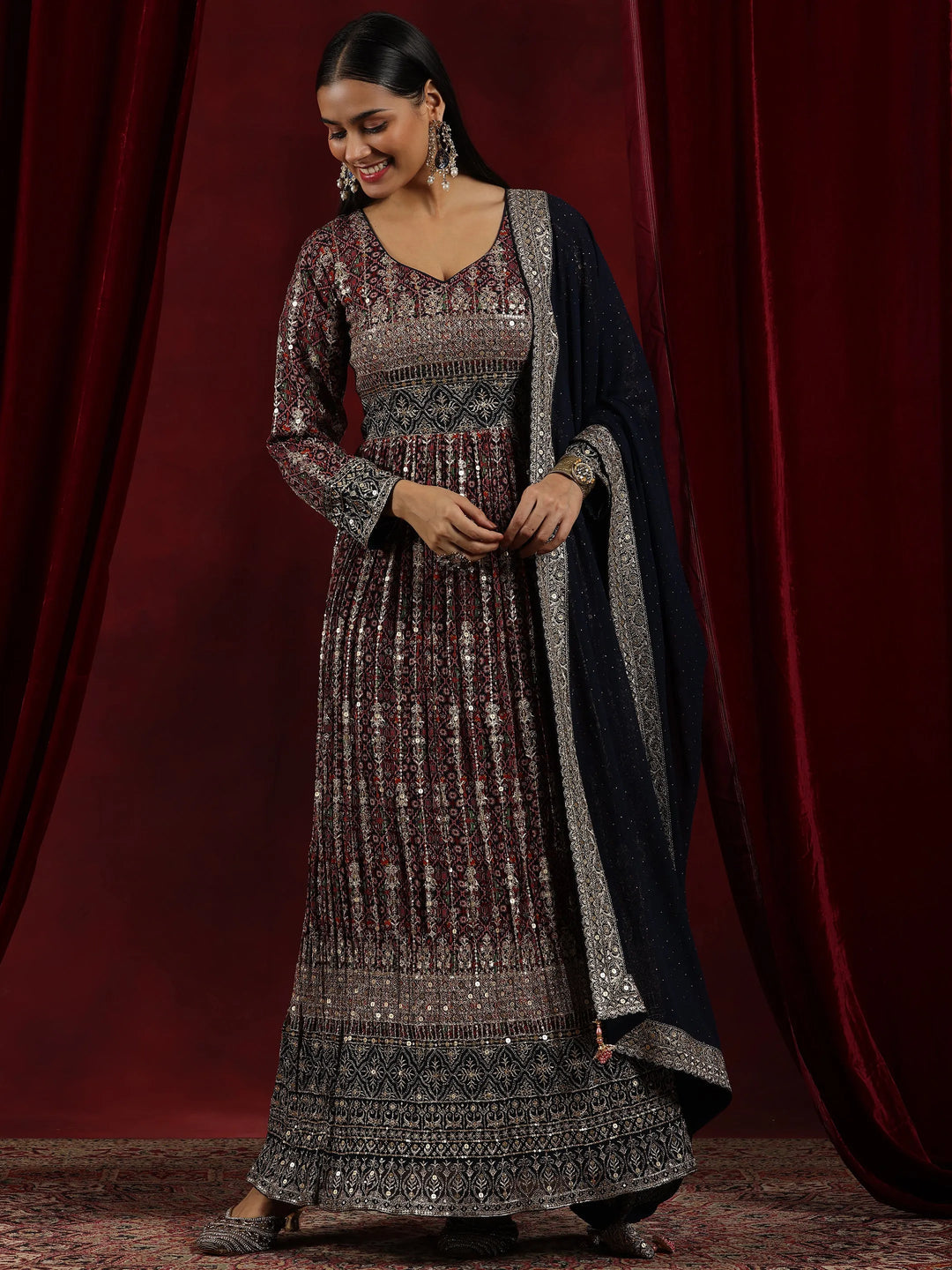  Libas Art Blue Printed Georgette A-Line Kurta With Trousers & Dupatta 