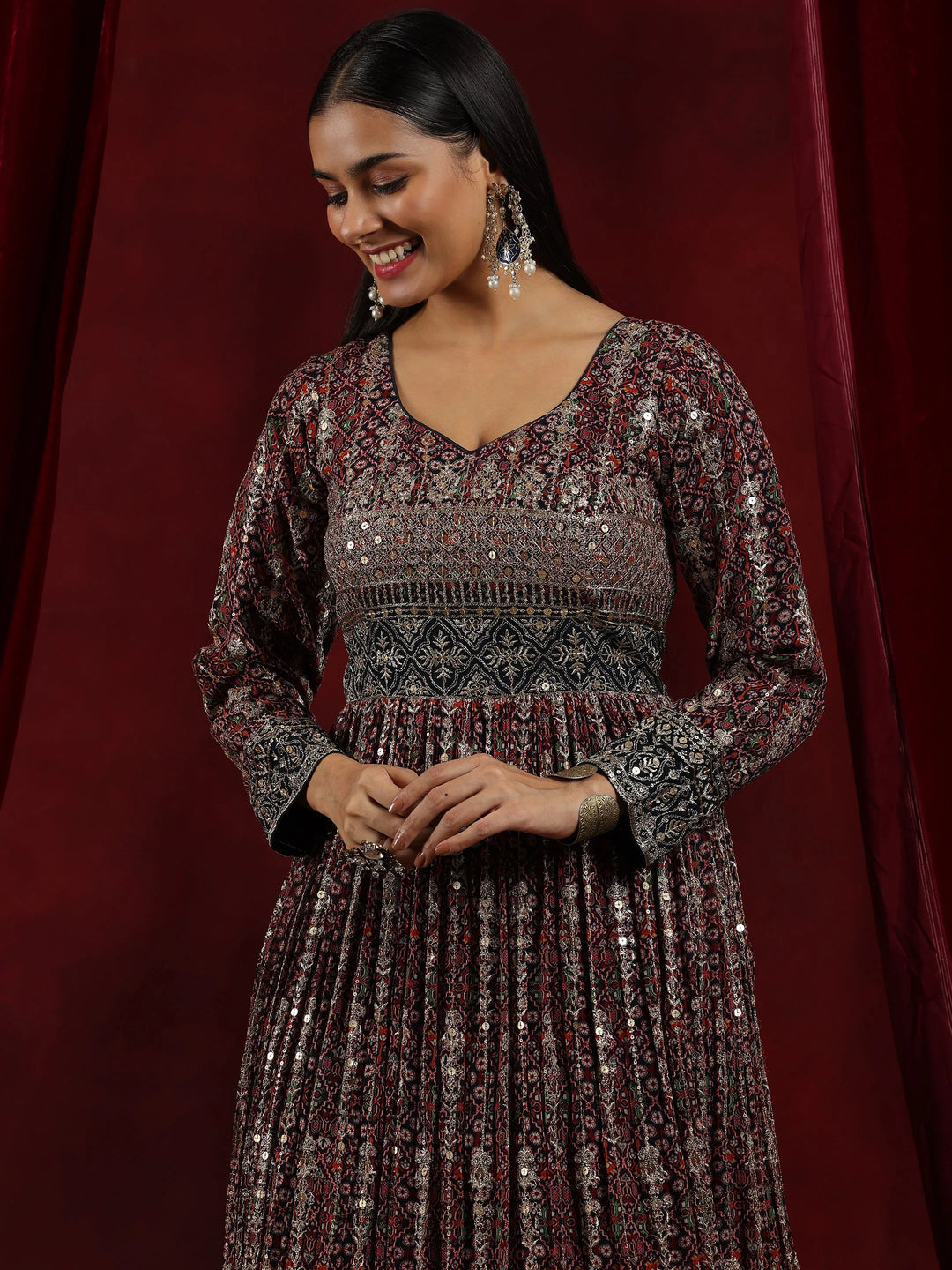 Libas Art Blue Printed Georgette A-Line Kurta With Trousers & Dupatta 