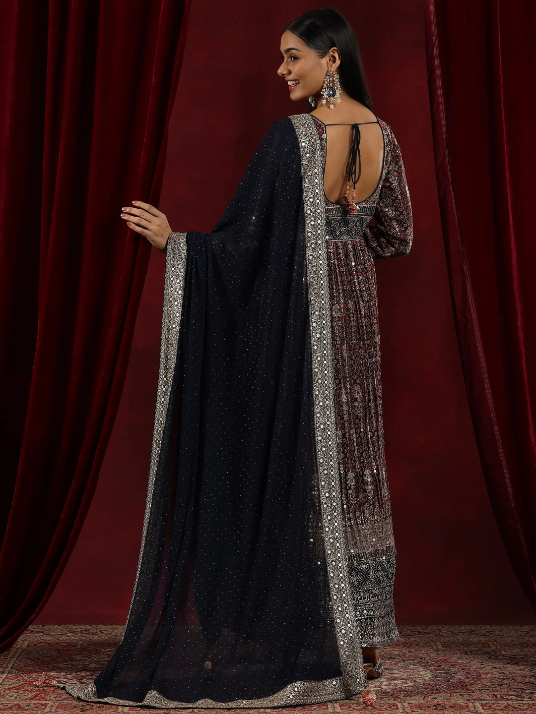  Libas Art Blue Printed Georgette A-Line Kurta With Trousers & Dupatta 