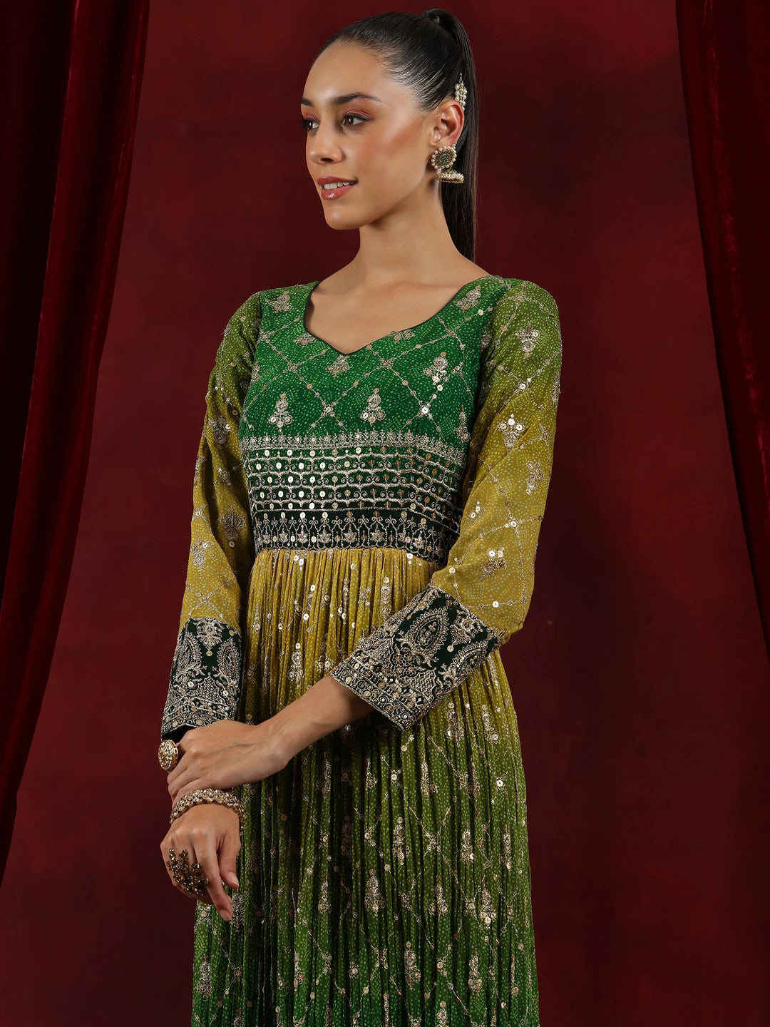  Libas Art Green Printed Georgette A-Line Kurta With Trousers & Dupatta 