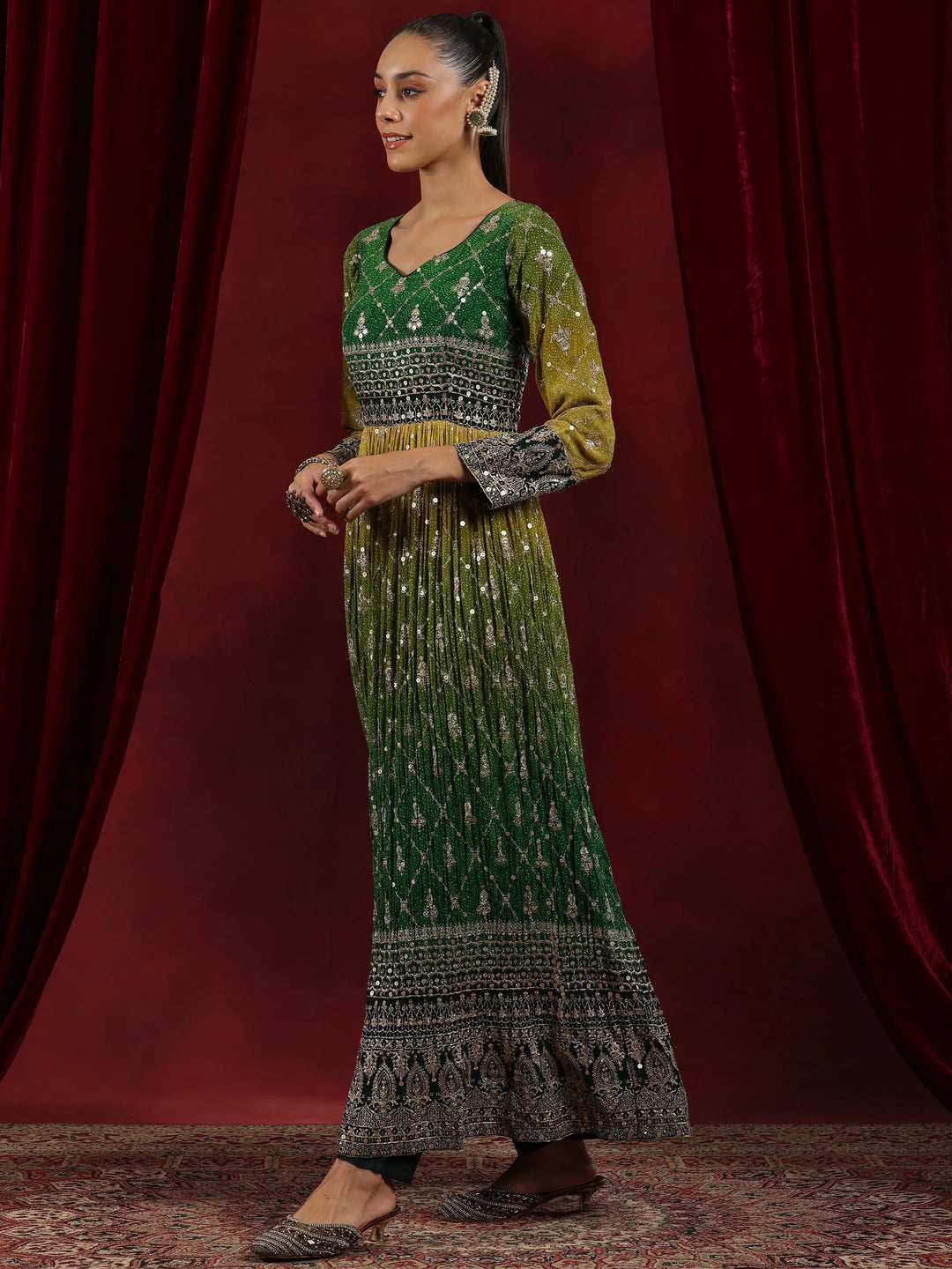  Libas Art Green Printed Georgette A-Line Kurta With Trousers & Dupatta 